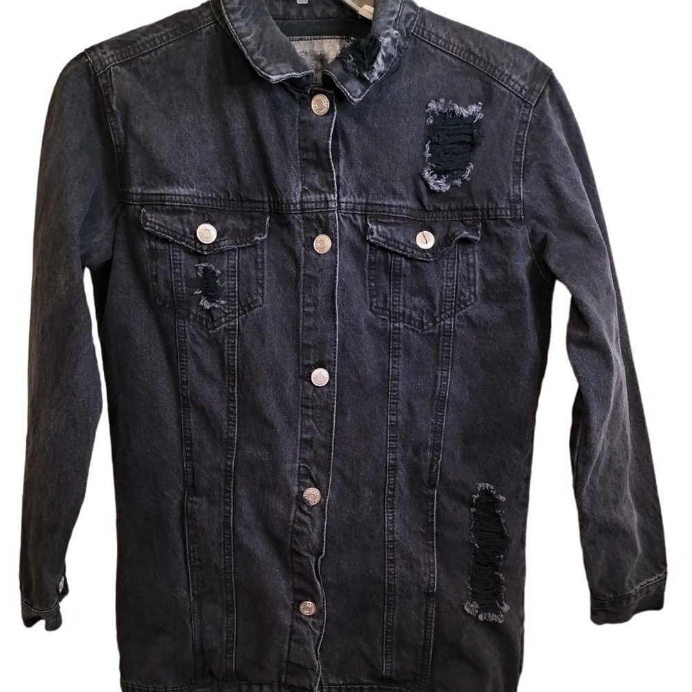 1064) Refuge Women's Black Button down Distressed Denim Jacket Size M